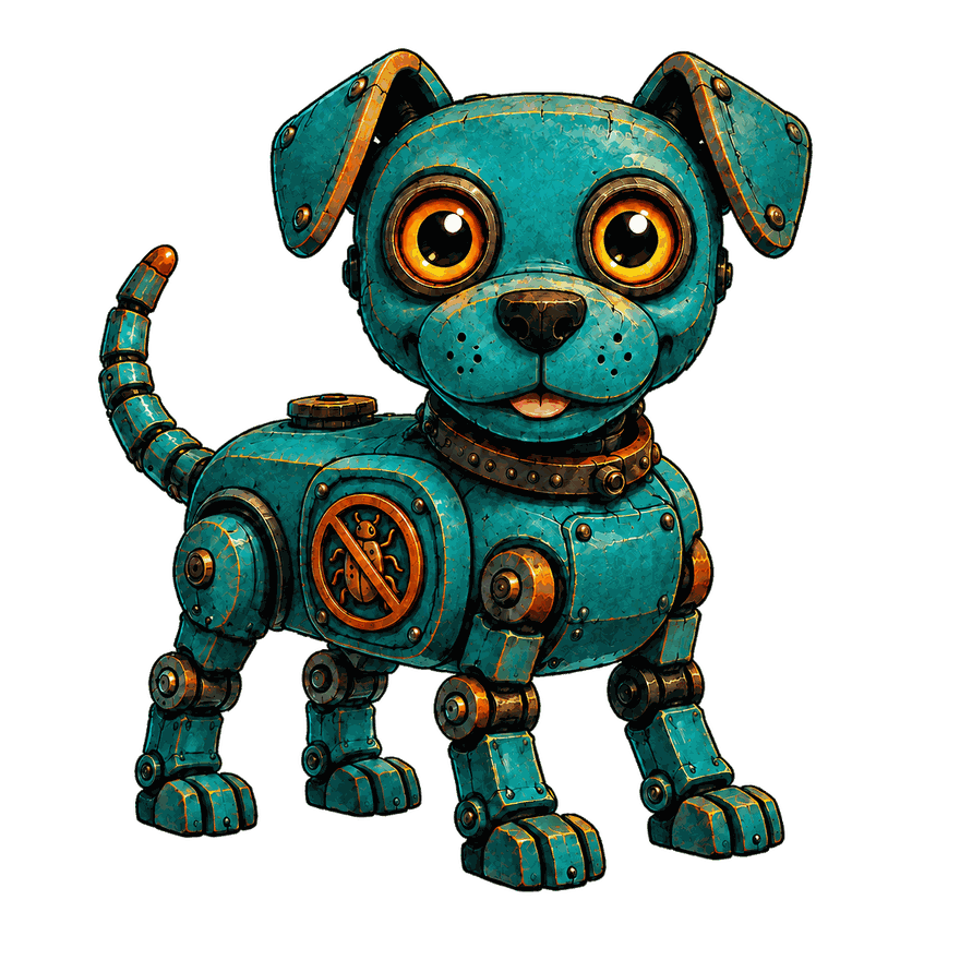 Clanker, a teal robot dog with amber eyes